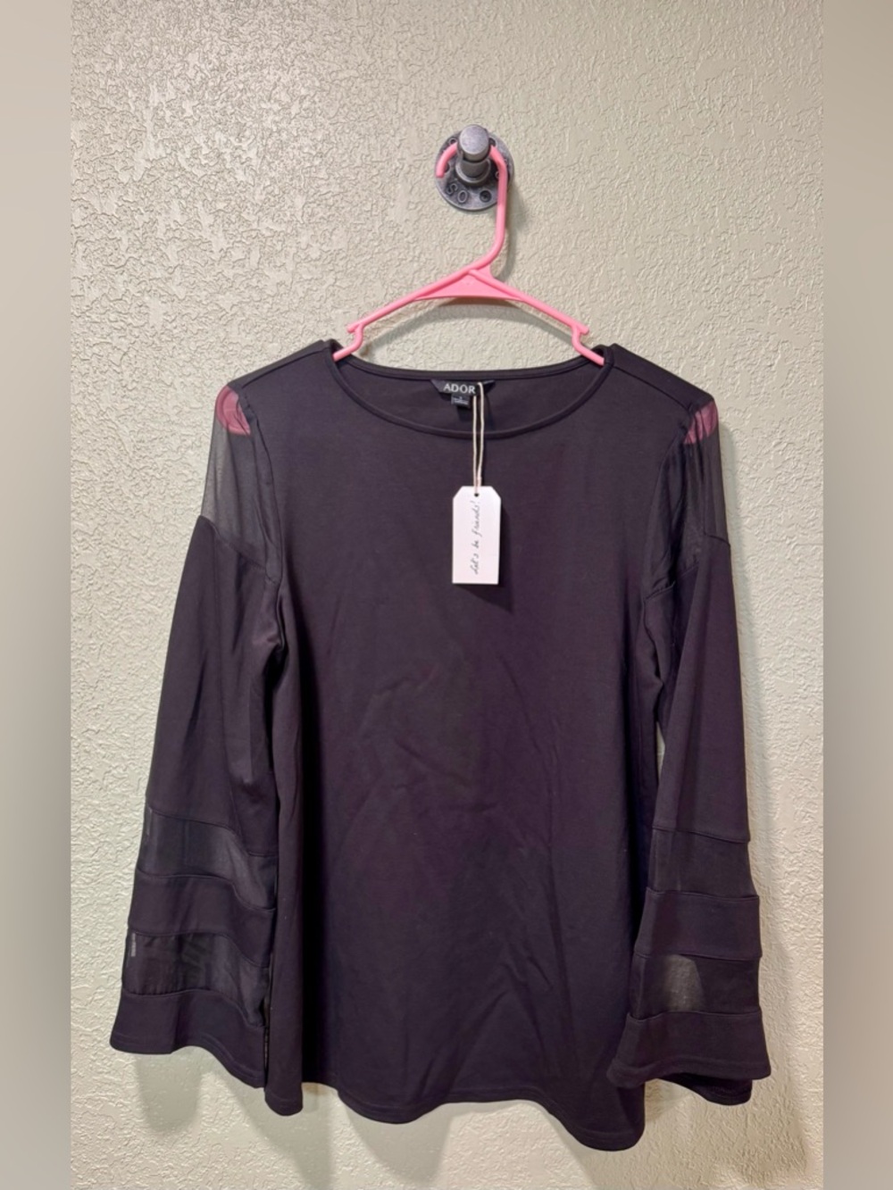 ADOR Black Long Sleeve Top with Sheer Sleeve Panels NWT S